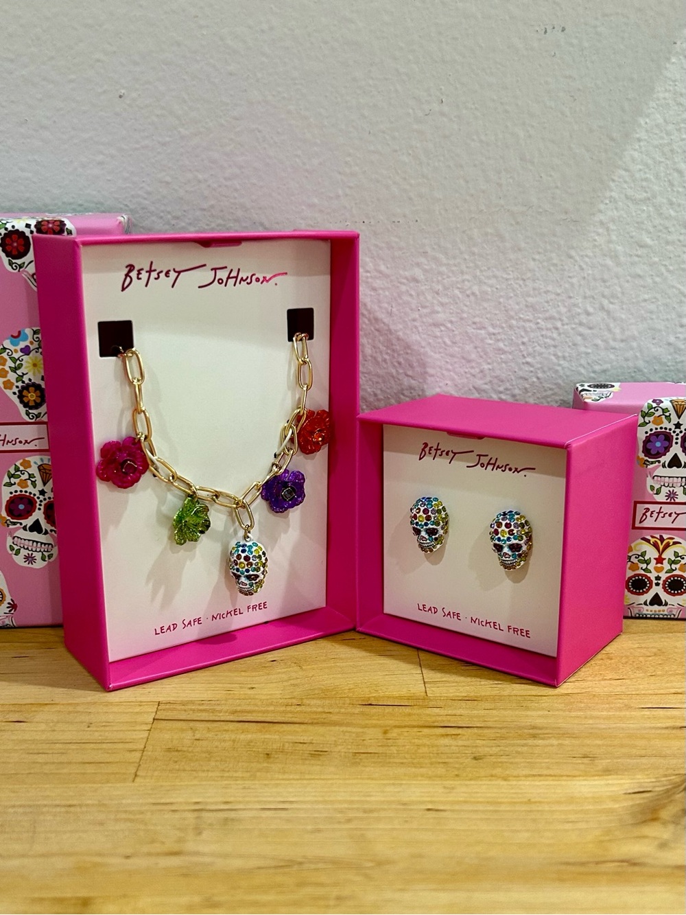 Betsey Johnson Candy Sugar Skull Rainbow Stud Earrings & Necklace Set Halloween